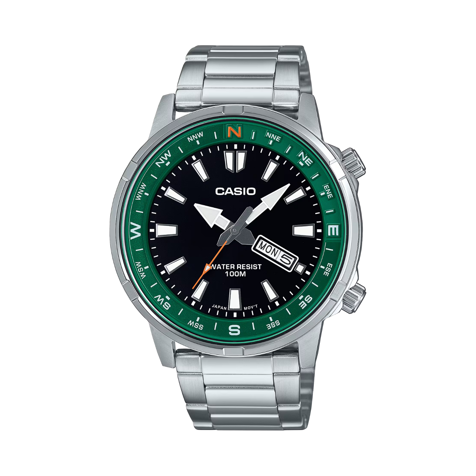 Casio watch with silver band and green and black dial on a white background