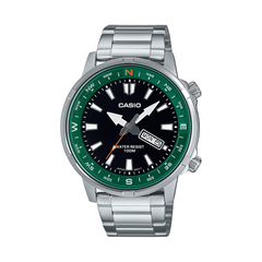 Casio watch with silver band and green and black dial on a white background