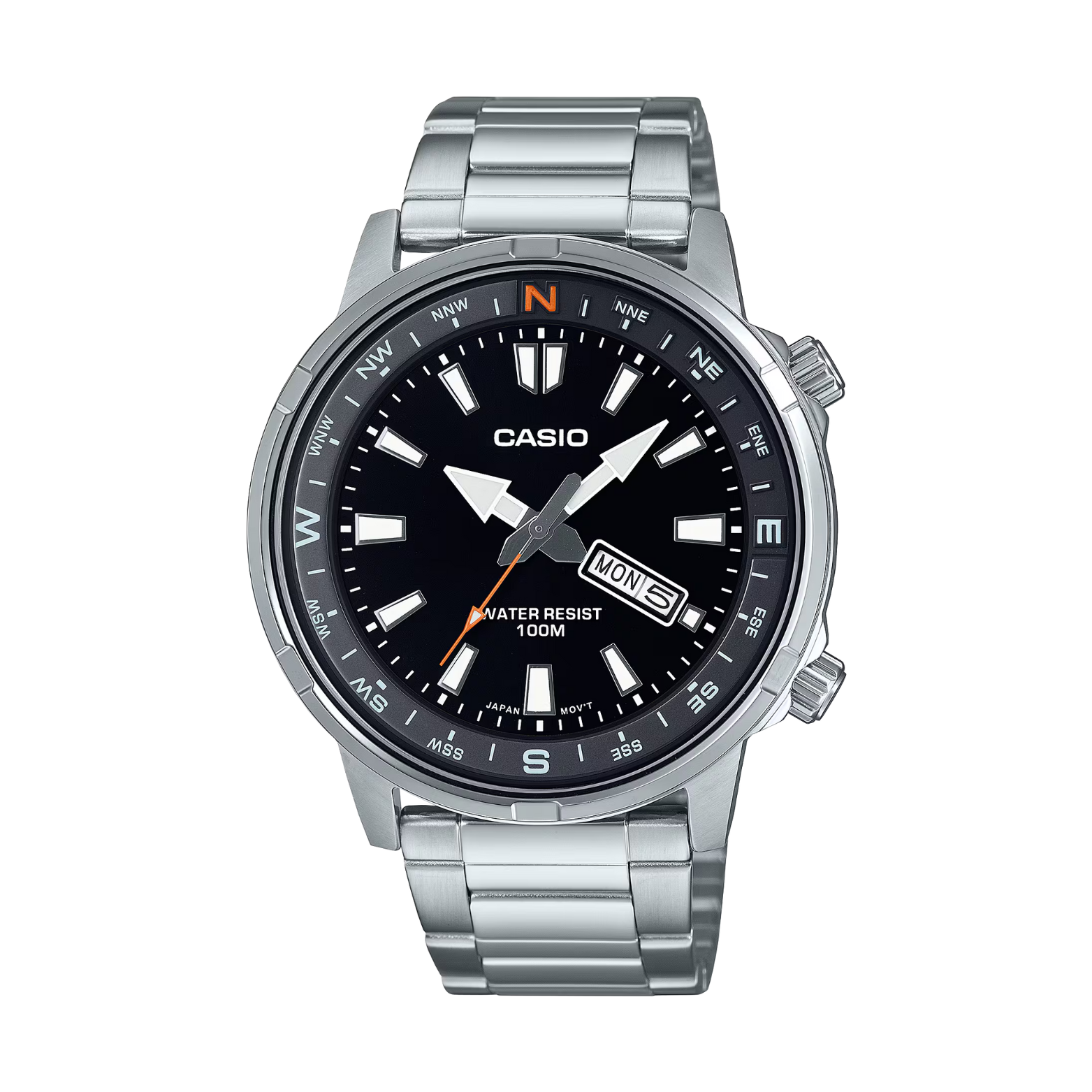 Casio watch with silver metal strap on a white background