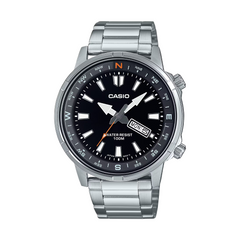 Casio watch with silver metal strap on a white background