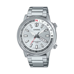 Casio watch with silver metal strap on a white background