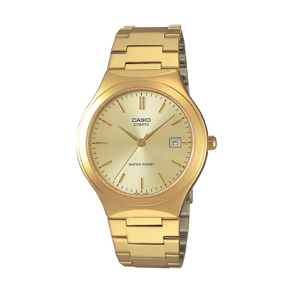 Gold Casio watch on a white background