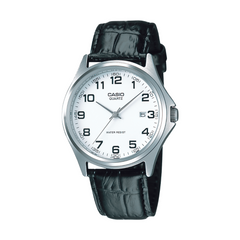 Casio watch with black leather strap on a white background