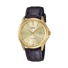Casio watch with gold case and brown leather strap on a white background