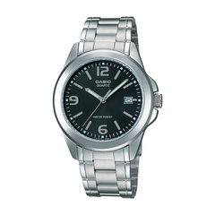 Casio watch with silver metal strap and black dial on a white background