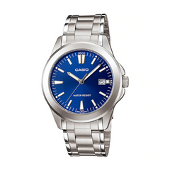 Casio watch with blue dial and silver metal strap on a white background