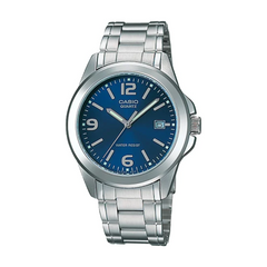 Casio watch with blue dial and silver metal strap on a white background