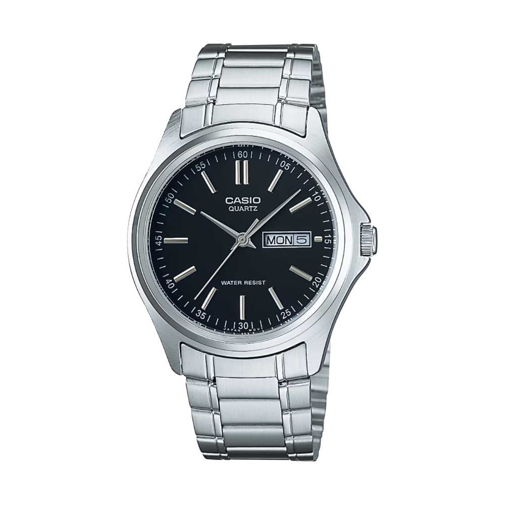 Casio watch with silver metal strap and black dial on a white background