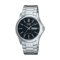 Casio watch with silver metal strap and black dial on a white background