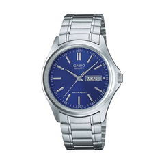 Casio watch with blue dial and silver metal strap on a white background