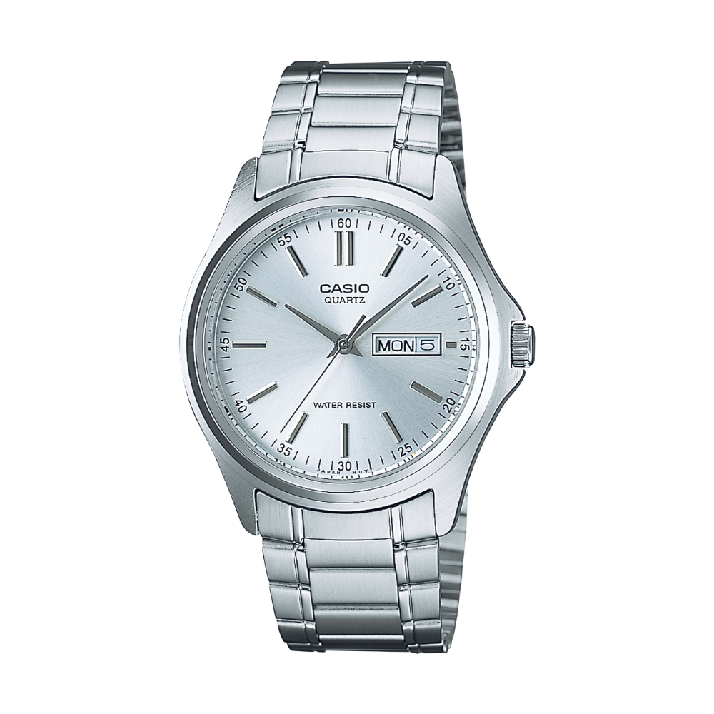 Silver Casio watch with a white face on a white background