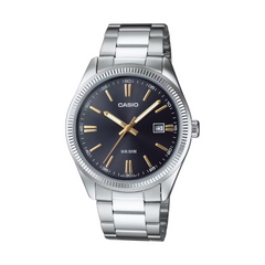 Casio watch with silver bracelet and black dial on a white background