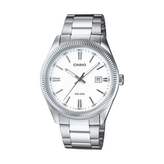 Silver Casio watch with a white face on a white background