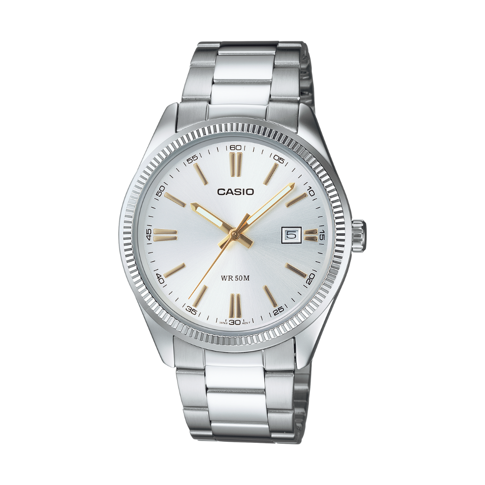 Silver Casio watch with a white face on a white background
