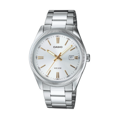 Silver Casio watch with a white face on a white background