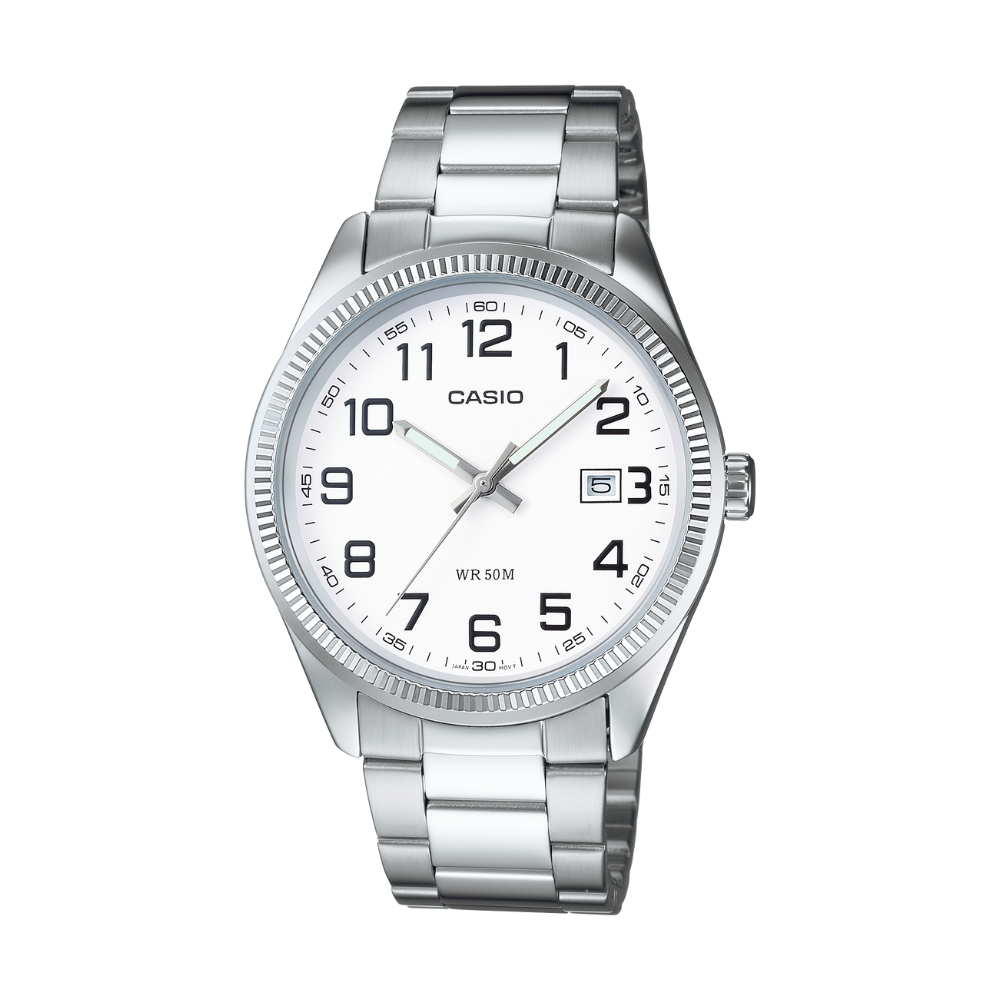 Silver Casio watch with a white face on a white background