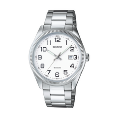 Silver Casio watch with a white face on a white background