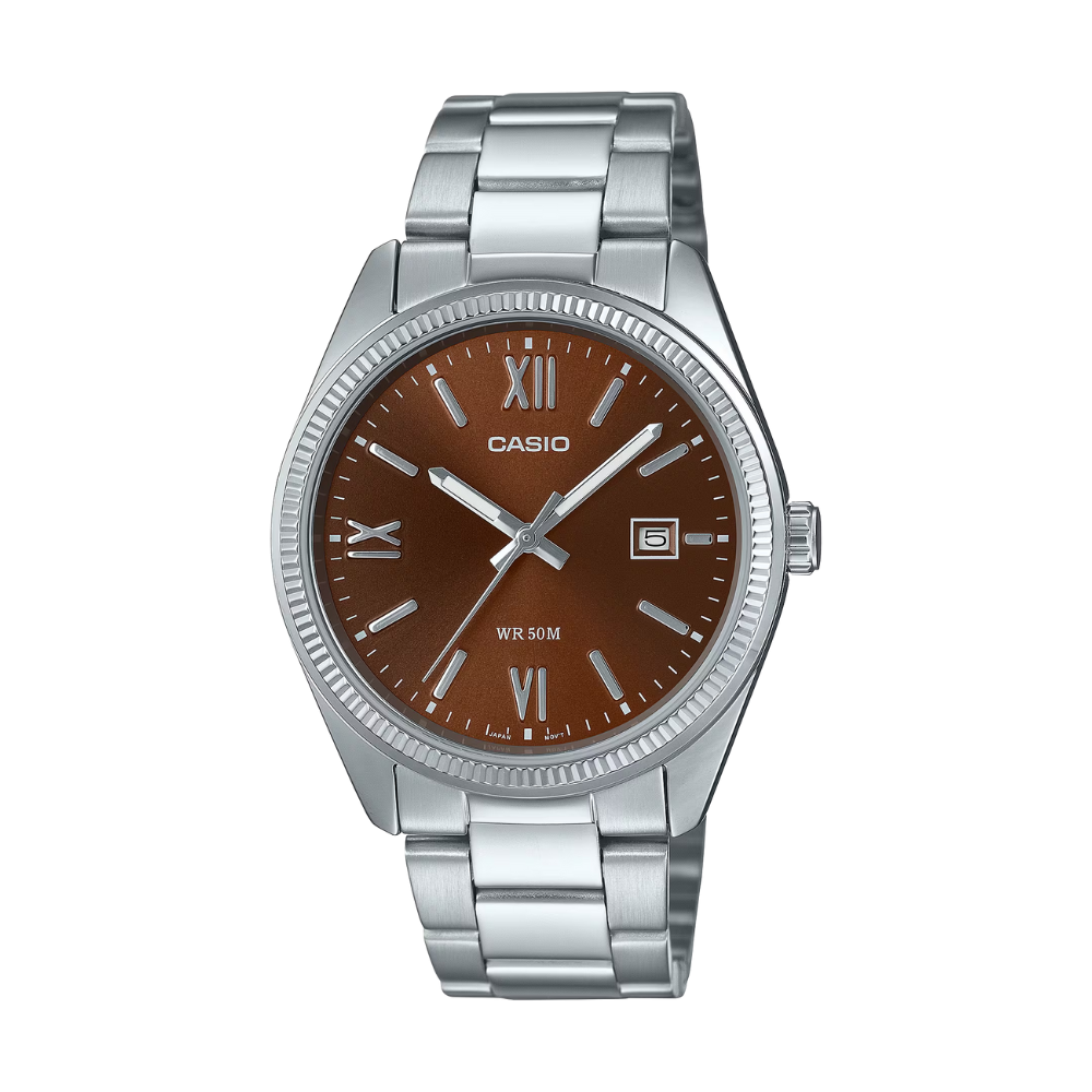 Casio watch with brown dial and silver metal strap on a white background