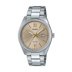 Silver Casio watch with beige dial on a white background