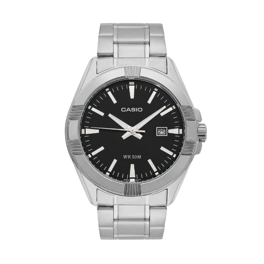 Casio watch with black dial and silver metal strap on a white background