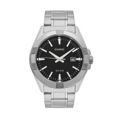 Casio watch with black dial and silver metal strap on a white background