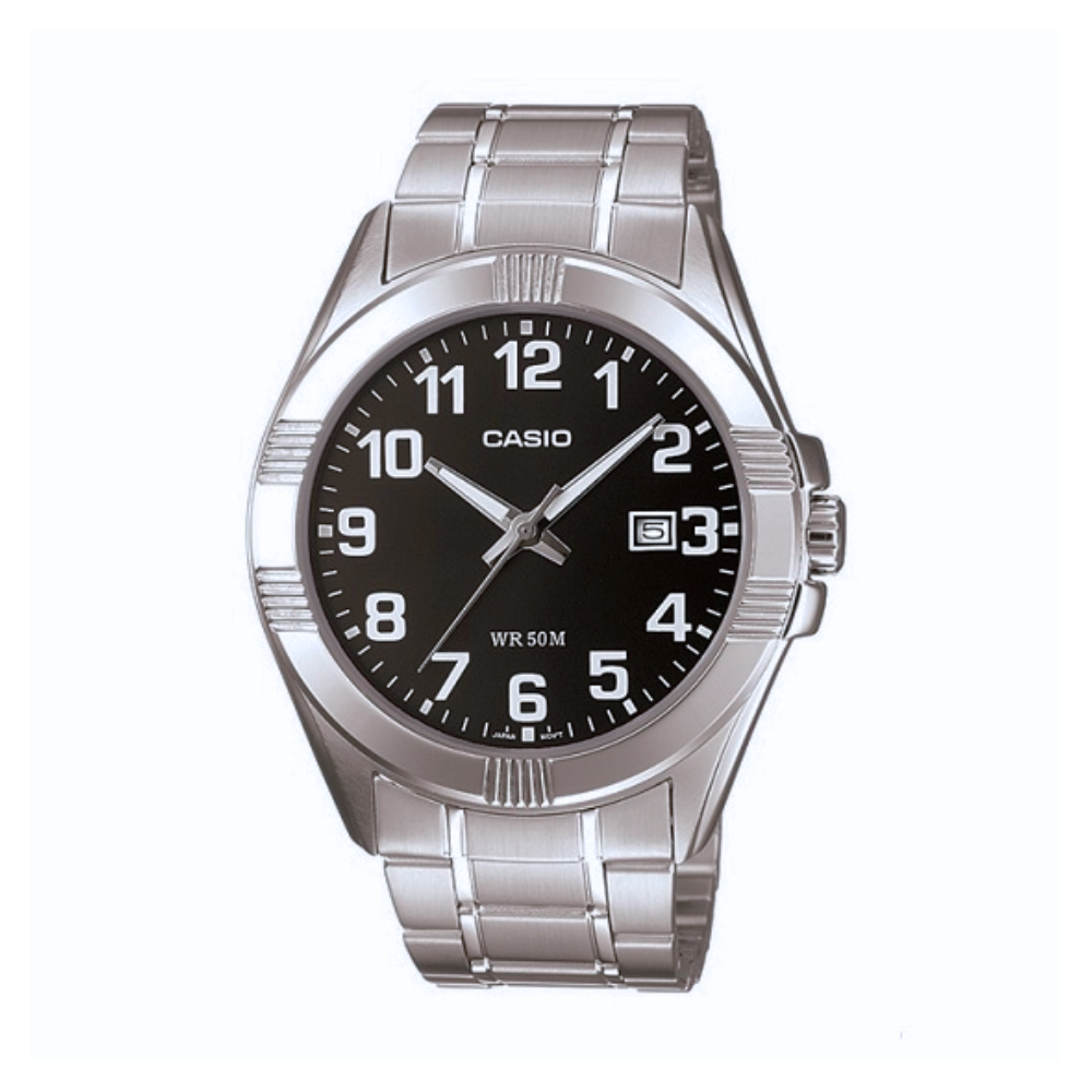 Casio watch with silver strap and black dial on a white background