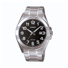 Casio watch with silver strap and black dial on a white background