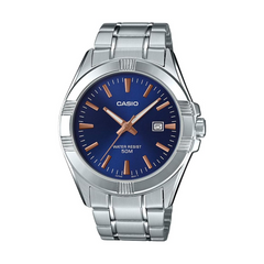 Casio watch with blue dial and silver metal strap on a white background