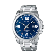 Casio watch with blue dial and silver metal strap on a white background