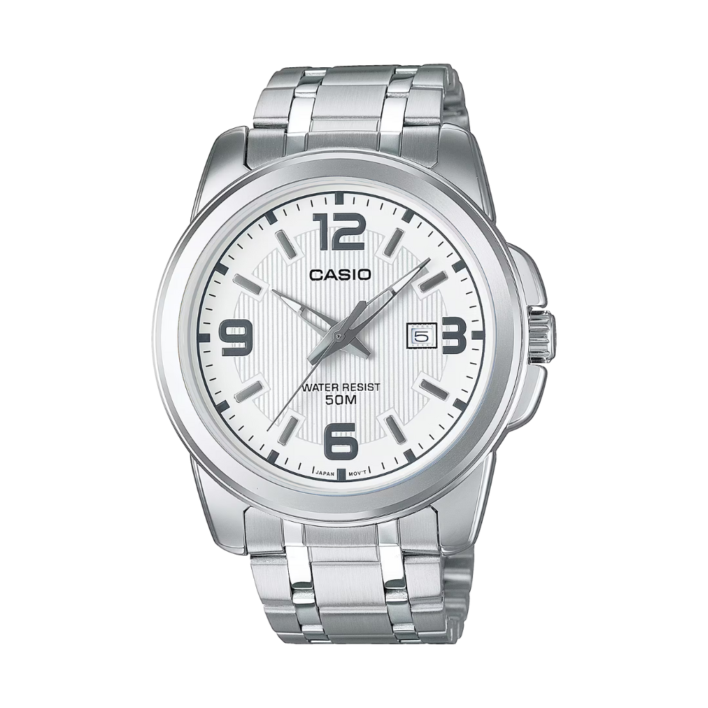Casio watch with silver metal strap on a white background