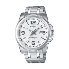 Casio watch with silver metal strap on a white background