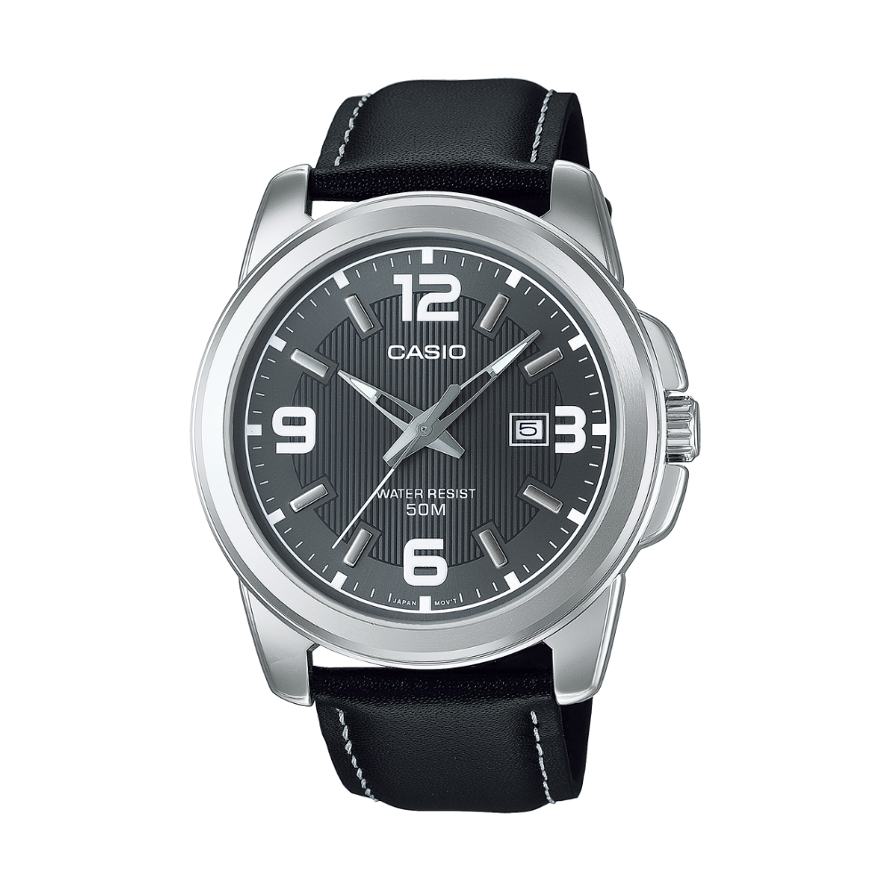 Casio watch with black leather strap and gray dial on a white background