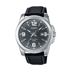 Casio watch with black leather strap and gray dial on a white background