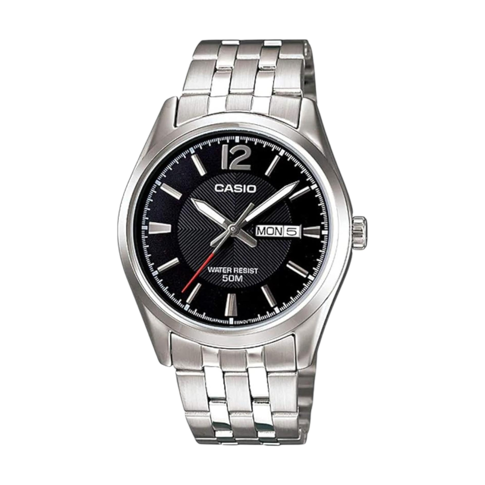 Casio watch with black dial and silver metal strap on a white background