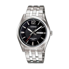 Casio watch with black dial and silver metal strap on a white background