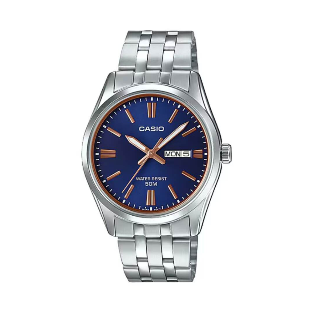 Casio watch with blue dial and silver metal strap on a white background