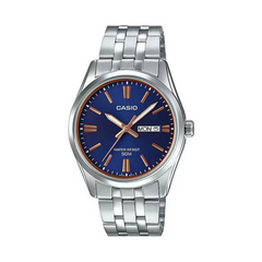 Casio watch with blue dial and silver metal strap on a white background