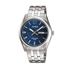 Casio watch with blue dial and silver metal bracelet on a white background