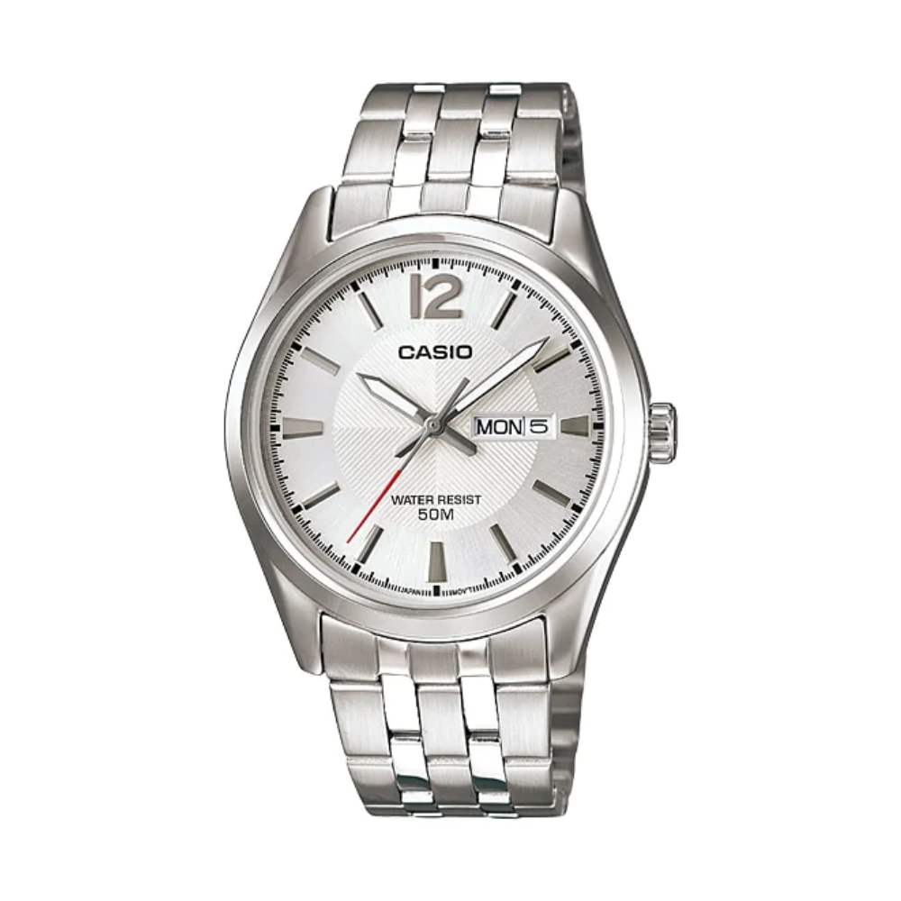 Silver Casio watch with a white face on a white background