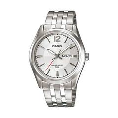 Silver Casio watch with a white face on a white background