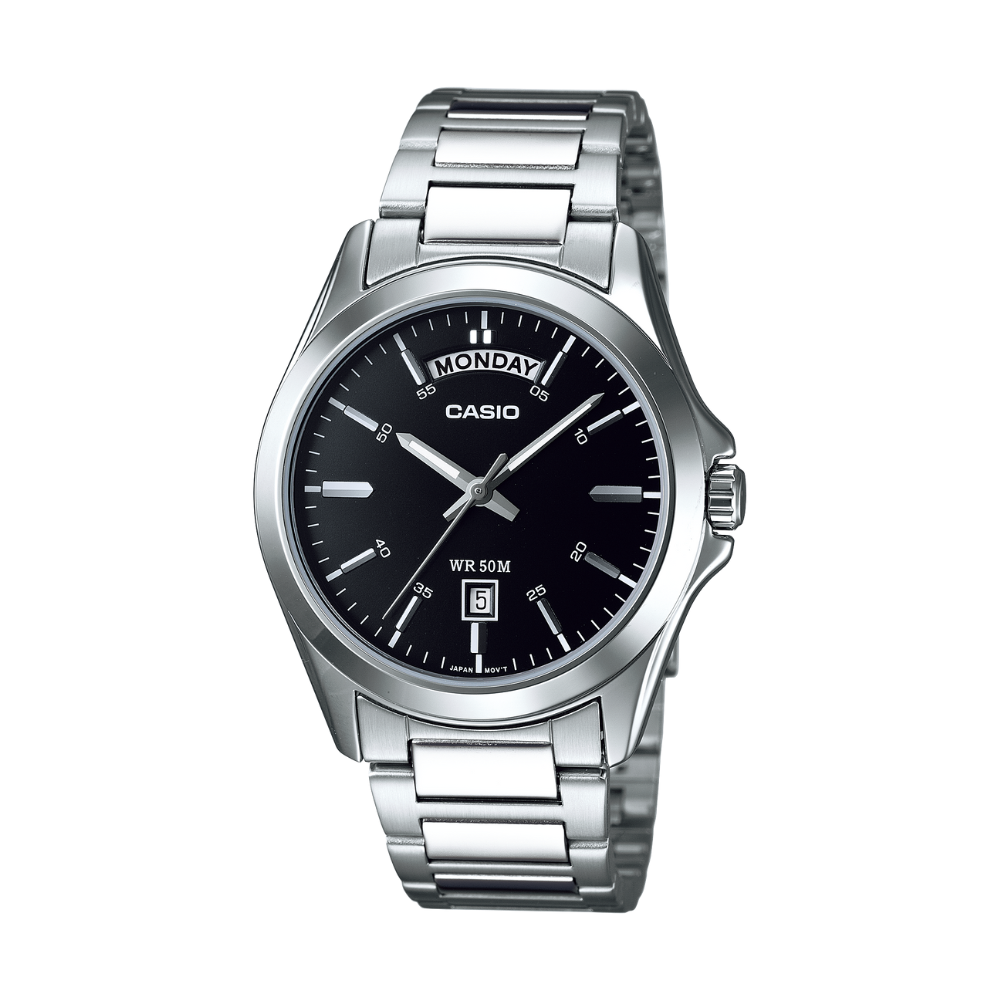 Casio watch with black dial and silver metal strap on a white background