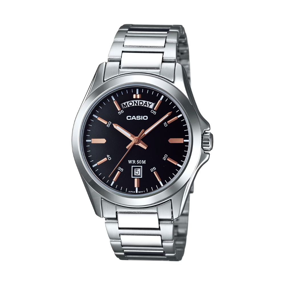Casio watch with black dial and silver metal strap on a white background