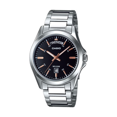 Casio watch with black dial and silver metal strap on a white background