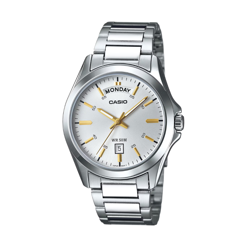 Silver Casio watch with white face and gold accents on a white background