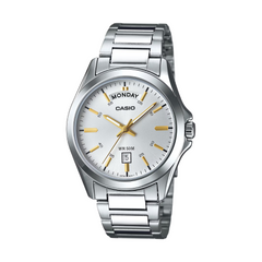 Silver Casio watch with white face and gold accents on a white background