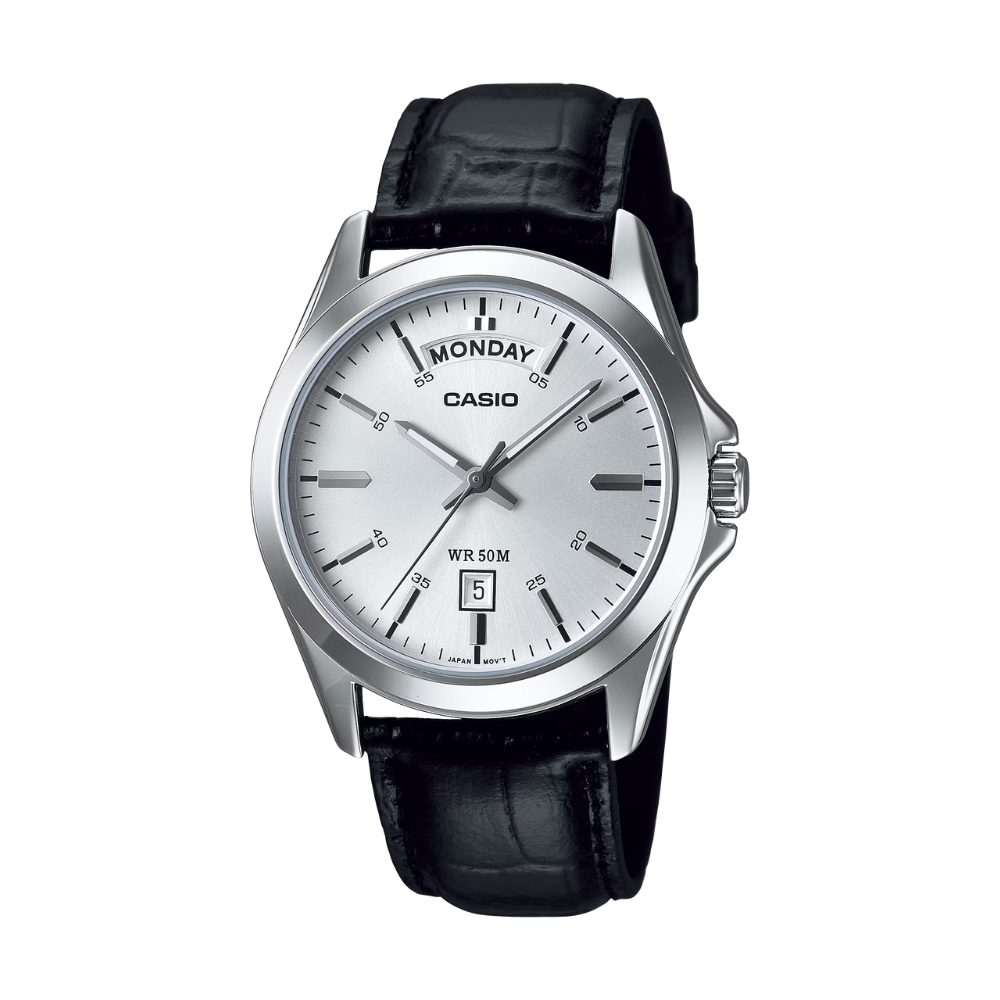 Casio watch with black leather strap on a white background