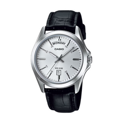 Casio watch with black leather strap on a white background