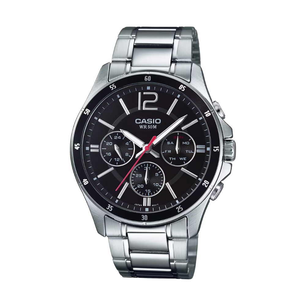 Casio watch with black dial and silver metal strap on a white background