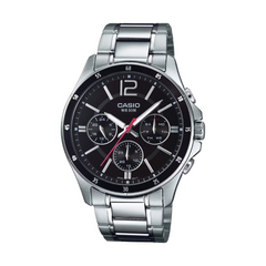 Casio watch with black dial and silver metal strap on a white background