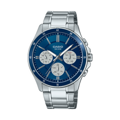 Casio watch with blue face and silver band on a white background